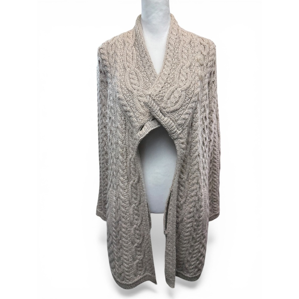 Aran Crafts Ireland 100% Merino Wool Sweater Women M Cable Knit Cardigan Beige - Picture 7 of 8